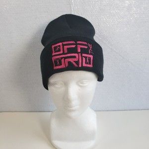 Off The Grid Beanie Unisex Knit Cap Hat Black Pink Logo Cuffed Pull On Port & Co
